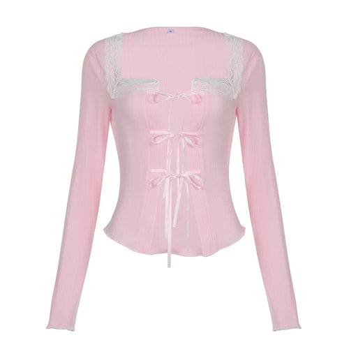 Load image into Gallery viewer, Cutecore Pink Square Neck Female Tee Bow Coquette Clothes Lace Spliced Autumn T-shirts Front Tie-Up Korean Slim Tops
