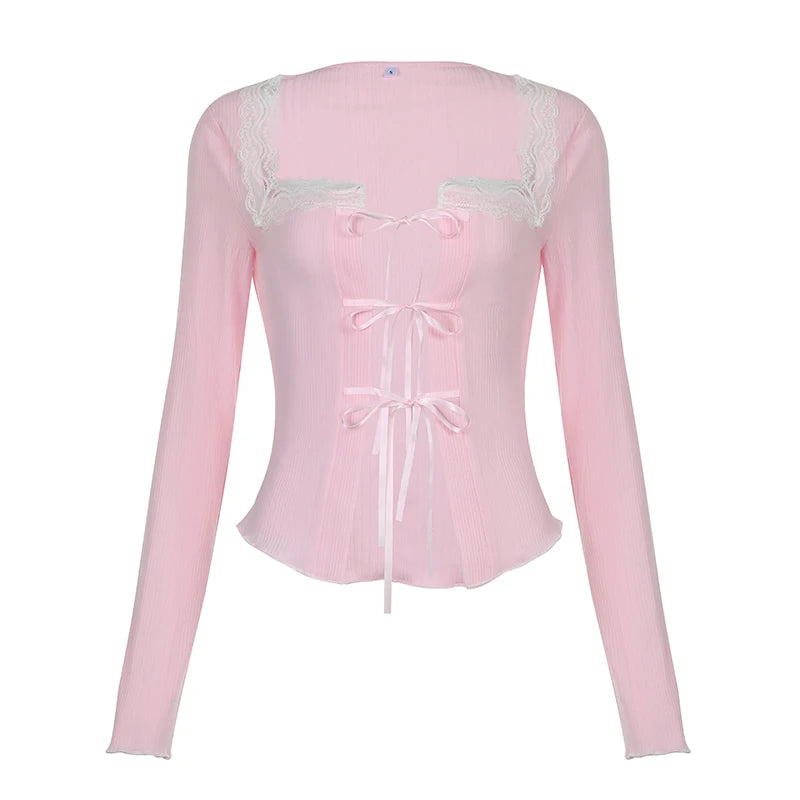 Cutecore Pink Square Neck Female Tee Bow Coquette Clothes Lace Spliced Autumn T-shirts Front Tie-Up Korean Slim Tops