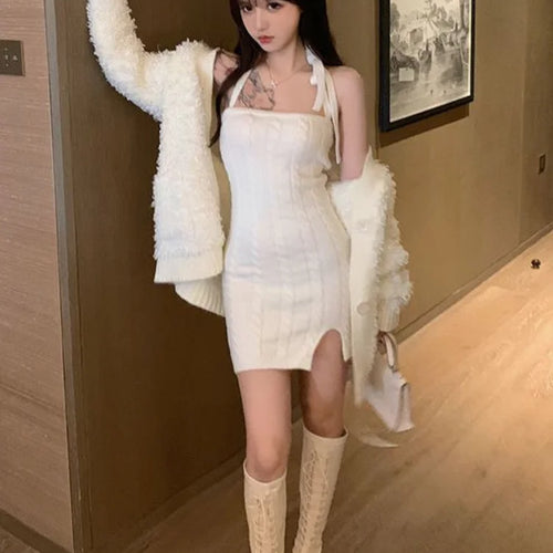 Load image into Gallery viewer, Sexy Knitted Knit Sweater Halter Dress Mini White Backless Bodycon Wrap Off Shoulder Short Dresses Autumn
