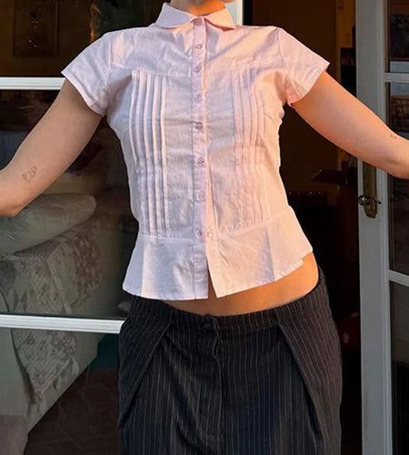 Solid Organ Pleated Summer Shirts Women Turn Down Collar A-Line Short Sleeve Blouse Y2K Aesthetic Girl Sweety Clothes