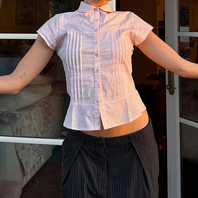 Solid Organ Pleated Summer Shirts Women Turn Down Collar A-Line Short Sleeve Blouse Y2K Aesthetic Girl Sweety Clothes