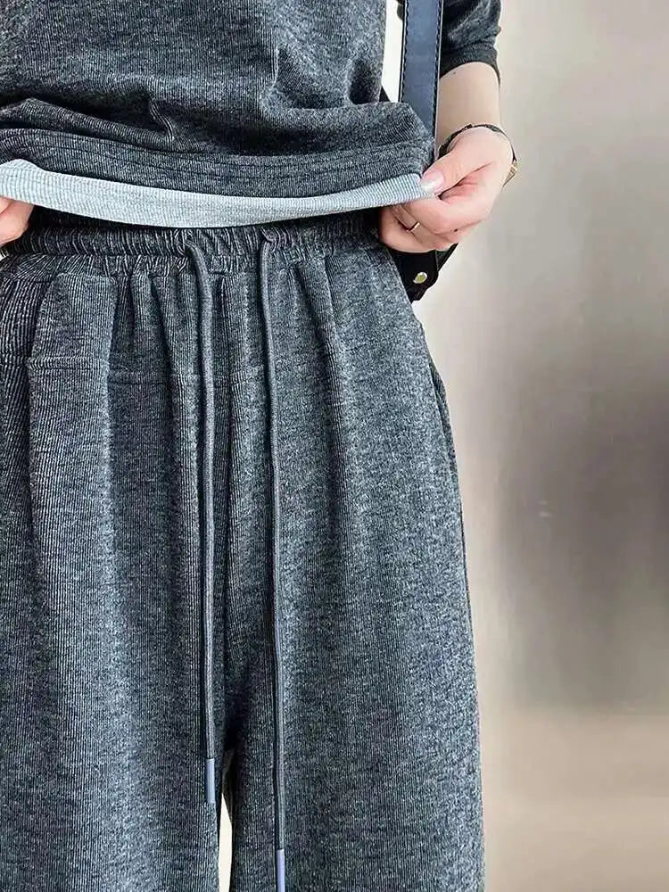 Gray Soft Casual T-shirt Wide Leg Pants Three  Piece Suit New Hooded Long Sleeve Women Fashion Spring Autumn 2025 1DH6649