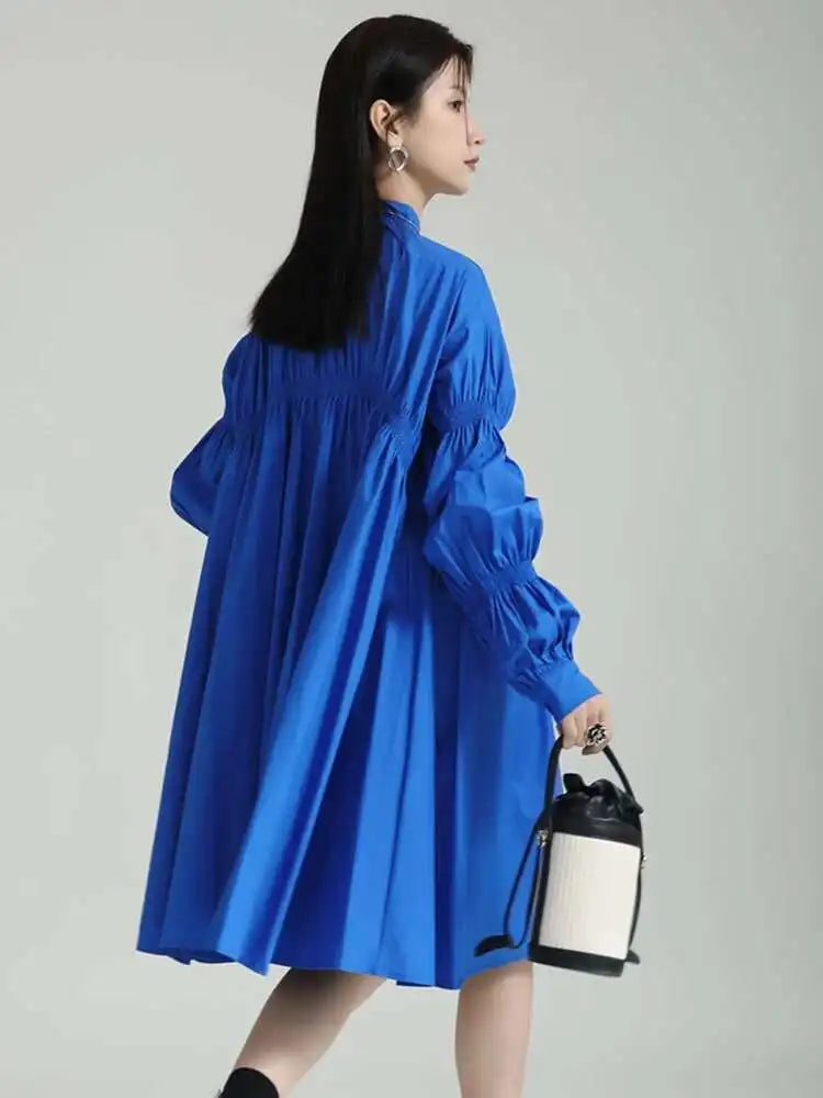 Women Blue Irregular Pleated Big Hem Shirt Dress New Stand Neck Long Sleeve Loose Fashion Tide Spring Autumn 2025 1DF9549