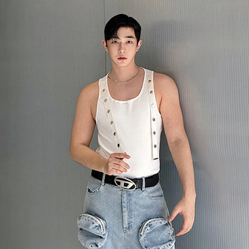 Load image into Gallery viewer, Men&#39;s Tank Top Summer Niche Design Silver Buckle Strap Round Neck Pullover Vest Solid Color Male Personality Top 9C5991
