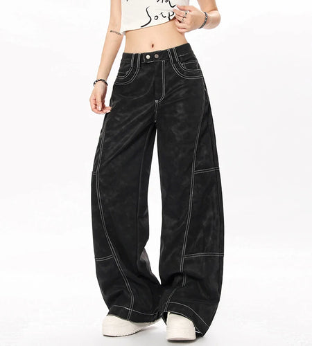 Men's Cargo Pants Line Splicing Design Straight Wide Leg New American Style Solid Color Trendy Male Trousers Summer 9W1856