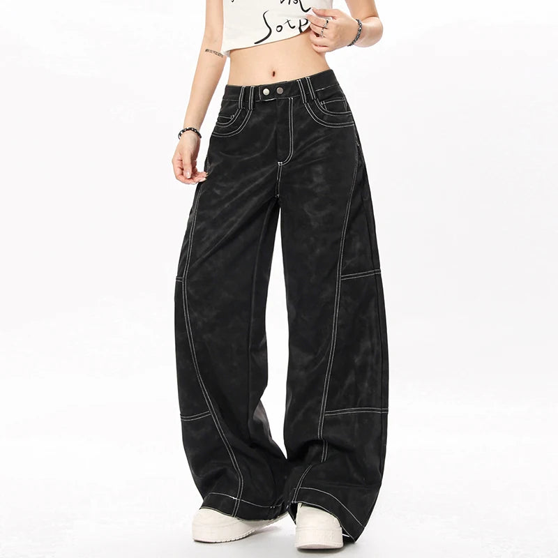 Men's Cargo Pants Line Splicing Design Straight Wide Leg New American Style Solid Color Trendy Male Trousers Summer 9W1856