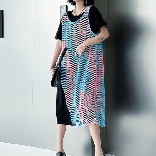 Load image into Gallery viewer, Women Green Colorful Spliced Big Size Midi Dress New Round Neck Short Sleeve Fashion Tide Spring Summer 2025 1DJ1155
