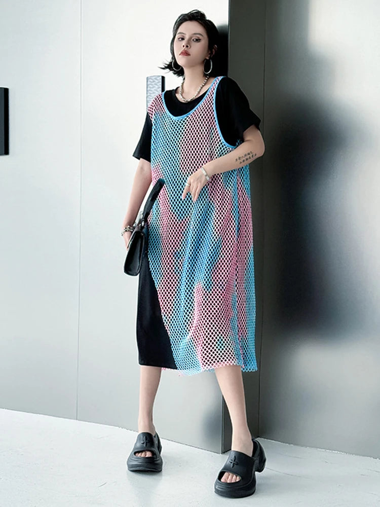 Women Green Colorful Spliced Big Size Midi Dress New Round Neck Short Sleeve Fashion Tide Spring Summer 2025 1DJ1155