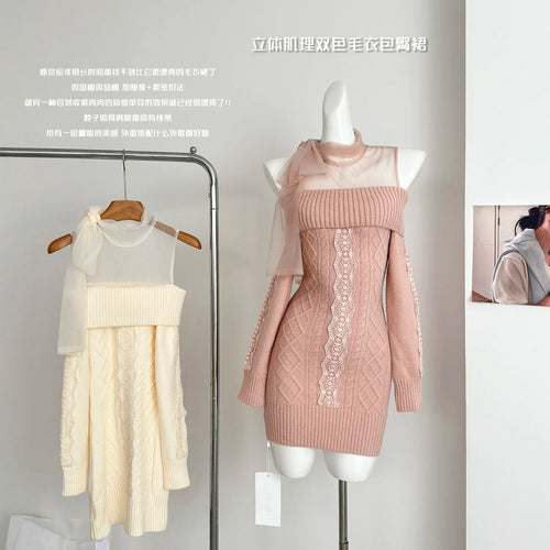 Load image into Gallery viewer, Autumn Winter Korean Pink Off Shoulder Slim Long Sleeve Bow Bandage Short Dress Women Beige Patchwork Lace Wrap Hip Knit Dresses
