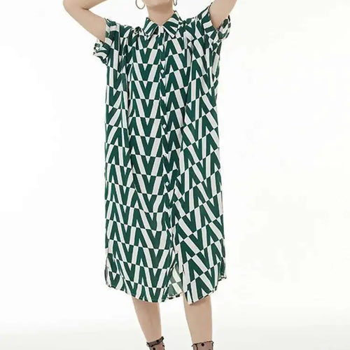 Load image into Gallery viewer, Women Black Pattern Printed Big Size Long Shirt Dress New Lapel Half Sleeve Loose Fit Fashion Spring Summer 2025 1DE9944
