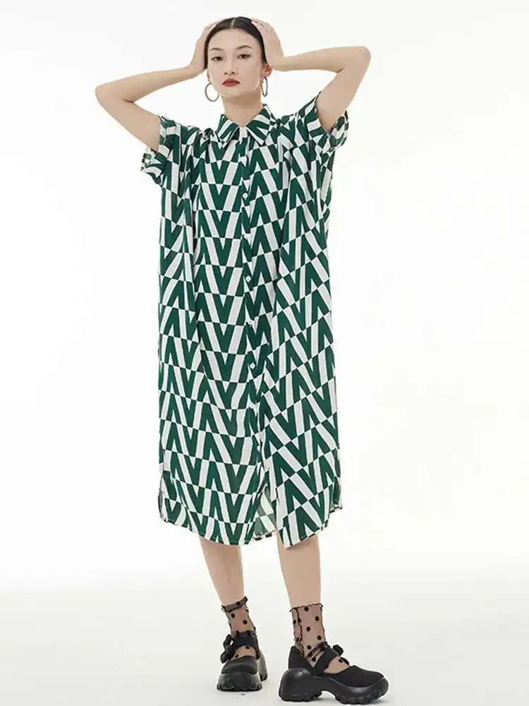 Women Black Pattern Printed Big Size Long Shirt Dress New Lapel Half Sleeve Loose Fit Fashion Spring Summer 2025 1DE9944