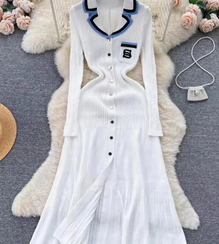 Korean Women's Patchwork Elegant Embroidery Slim Long Sleeved Festival Dress Spring Single Breasted Office Lady Knitted Dresses