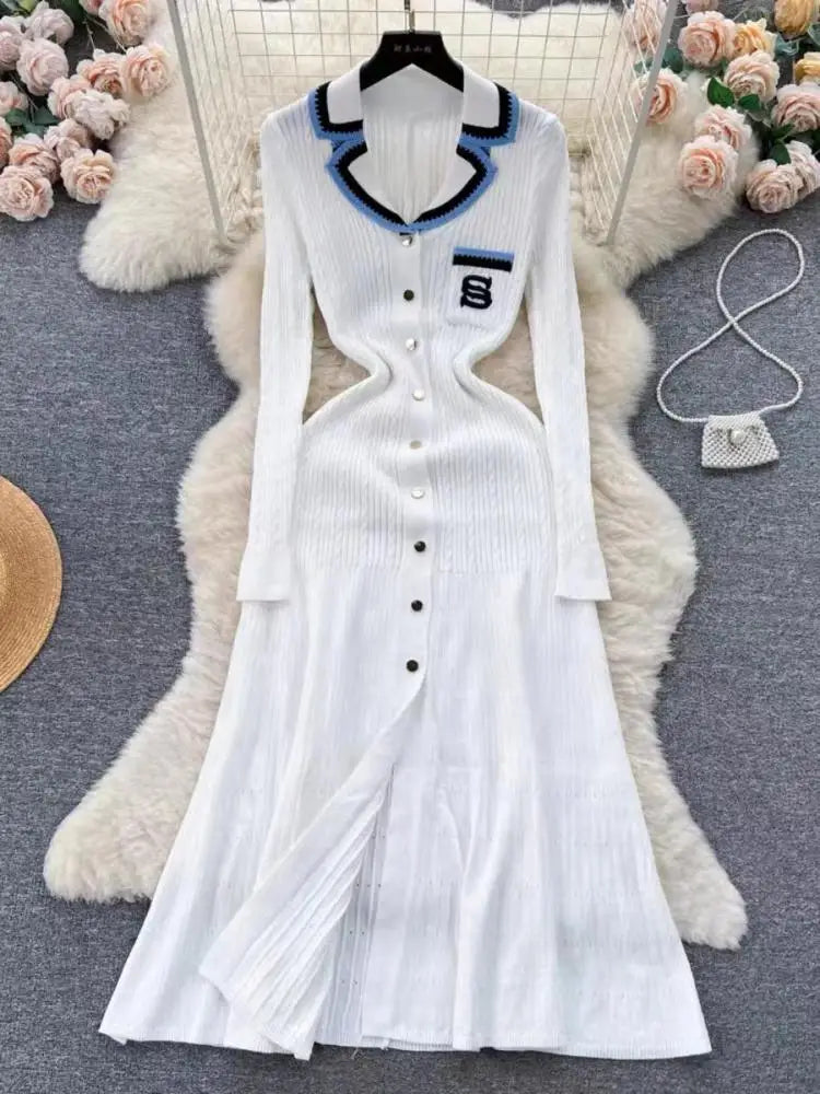 Korean Women's Patchwork Elegant Embroidery Slim Long Sleeved Festival Dress Spring Single Breasted Office Lady Knitted Dresses