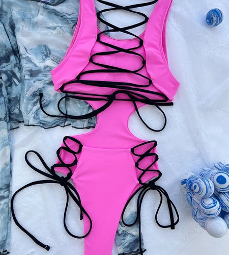 Sexy Cut Out Lace Up Strappy One Piece Swimsuit 2024 Swimwear for Women Drawstring Bathing Suit High Waist Monokini