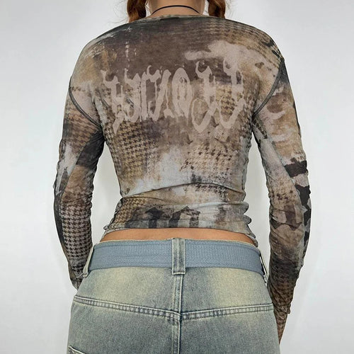 Load image into Gallery viewer, Grunge Fairycore Printed Mesh Top Long Sleeve T Shirts Slim Vintage Aesthetic 2000s Clothes Stitched Female Tee Cute
