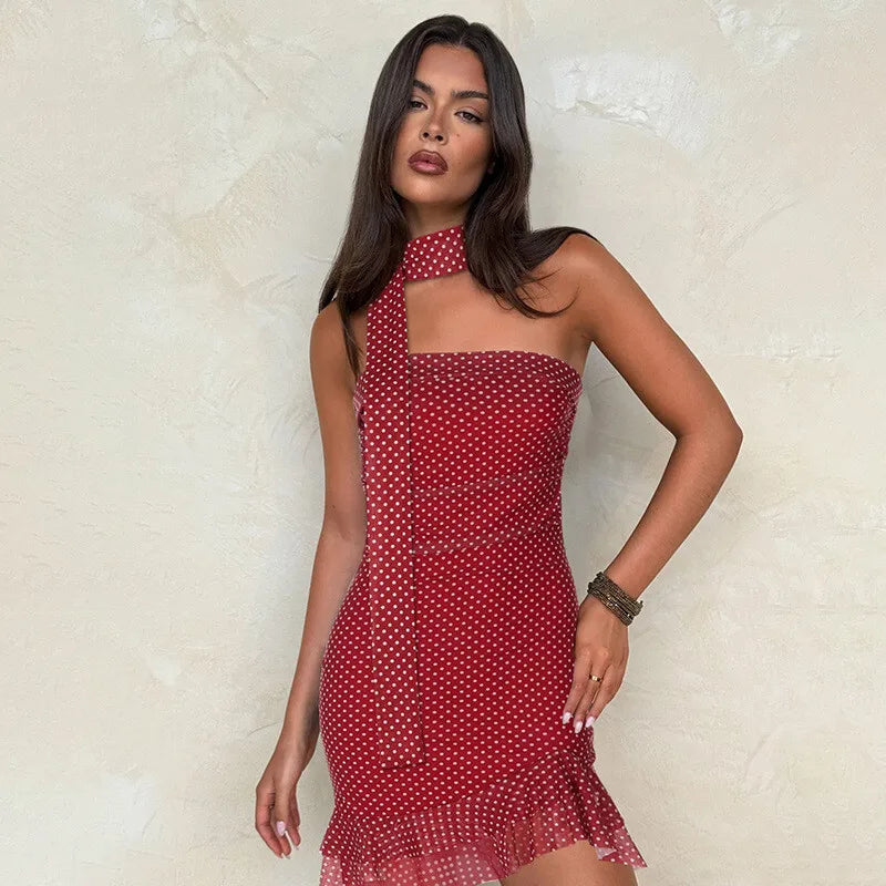 Scarf Collar Polka Dot Mini Dress Women Robe Fashion Off-shoulder Backless Sleeveless Ruffled Club Party Dress Vestido