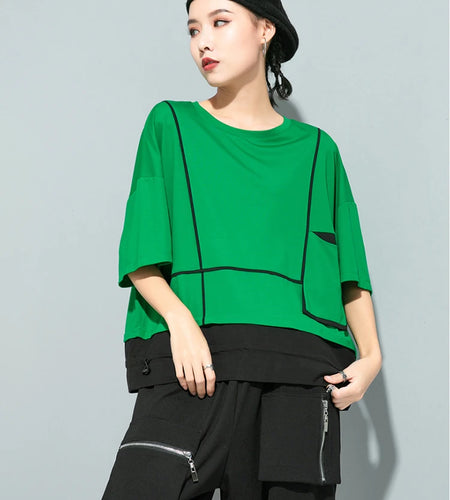 Women Red Pocket Split Joint Big Size T-shirt New Round Neck Three-quarter Sleeve Fashion Tide Spring Summer 2025 1U622