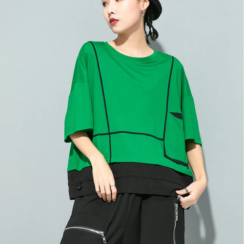 Load image into Gallery viewer, Women Red Pocket Split Joint Big Size T-shirt New Round Neck Three-quarter Sleeve Fashion Tide Spring Summer 2025 1U622
