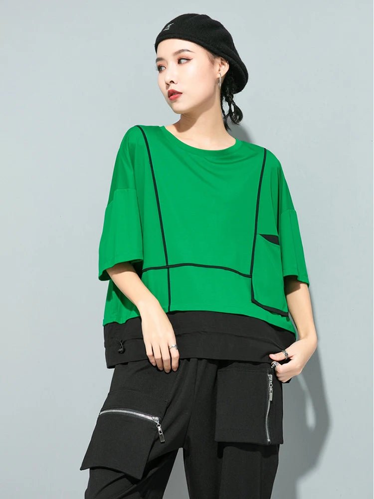 Women Red Pocket Split Joint Big Size T-shirt New Round Neck Three-quarter Sleeve Fashion Tide Spring Summer 2025 1U622