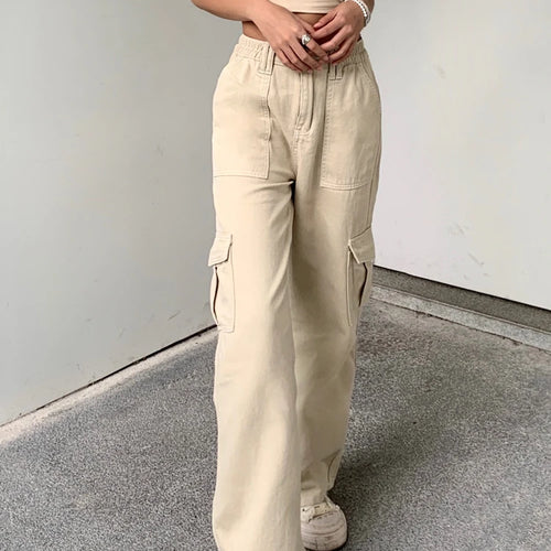 Load image into Gallery viewer, Casual Solid Straight Khaki High Waist Female Jeans Streetwear Basic Cargo Trousers Denim Loose Pockets Korean Pants
