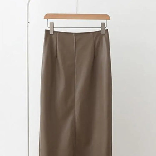 Load image into Gallery viewer, Autumn Winter New Black Leather High Waist Midi Skirt Women Korean Fashion Brown Office Straight Wrap Hip Split Skirt Streetwear
