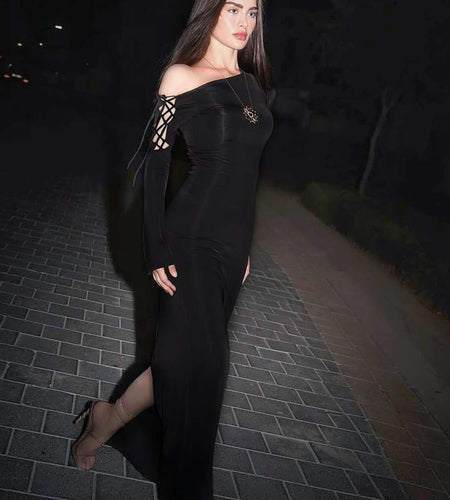 Elegant Solid Long Sleeve Hollow Out Bandage Irregular Slit Sexy Maxi Dress Winter Women Clothes Birthday Evening Party