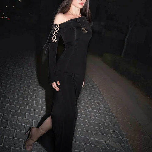 Load image into Gallery viewer, Elegant Solid Long Sleeve Hollow Out Bandage Irregular Slit Sexy Maxi Dress Winter Women Clothes Birthday Evening Party
