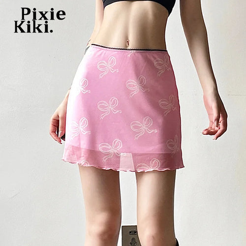 Load image into Gallery viewer, Bow Printed Mesh Skirt Pink Black Summer 2024 Women 2000’s Clothes Y2k Low Waist A Line Mini Skirts P84-BF25
