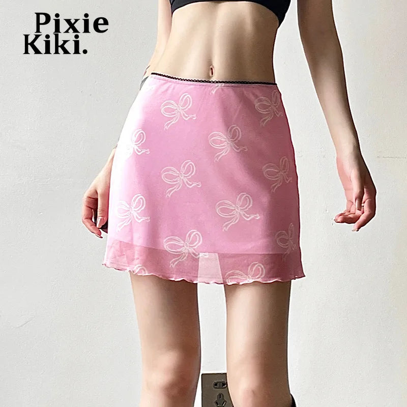 Bow Printed Mesh Skirt Pink Black Summer 2024 Women 2000’s Clothes Y2k Low Waist A Line Mini Skirts P84-BF25