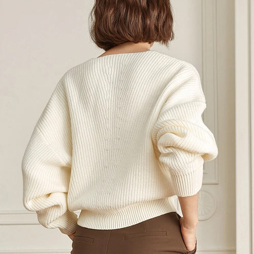 Load image into Gallery viewer, Solid Loose Knitting Sweaters For Women V Neck Long Sleeve Minimalist Casual Pullover Sweater Female Fashion
