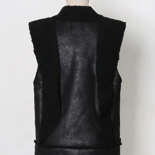 Load image into Gallery viewer, Solid Spliced Leather Waistcoat For Women Lapel Sleeveless Patchwork Belt Streetwear Lambswool Coats Female Fashion
