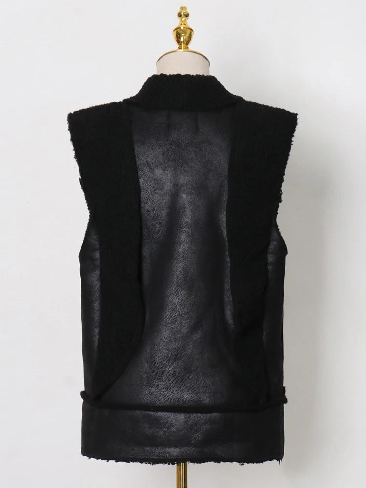 Solid Spliced Leather Waistcoat For Women Lapel Sleeveless Patchwork Belt Streetwear Lambswool Coats Female Fashion