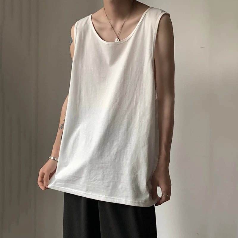 Simple Men's Tank Tops Casual Solid Color New Autumn Round Collar Sleeveless Oversize Male Vest Fashion Menwear 9C6868