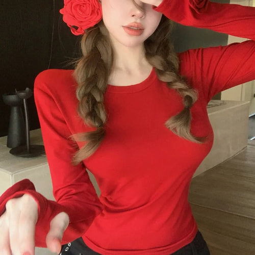 Load image into Gallery viewer, y2k Aesthetic Tops Women Clothes Solid Color Round Neck Long Sleeve T Shirt with 3D Flower 2000s Clothing Club Wear
