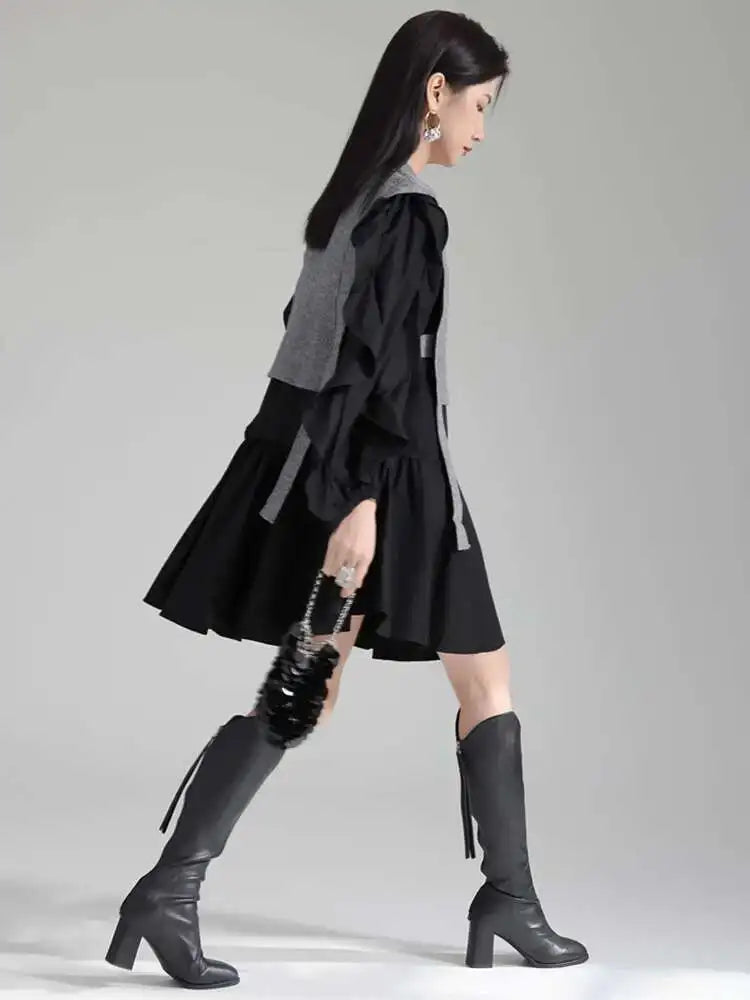 Women Black Knitting Color-block Ruffles Elegant Dress New Round Neck Long Sleeve Fashion Tide Spring Autumn 2025 1DH6758