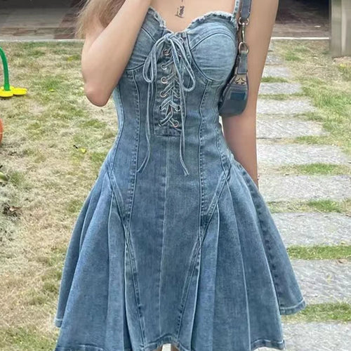 Load image into Gallery viewer, American Style Sexy Strapless Denim Dresses Vintage Blue Slim Waist Lace-up Zipper Summer Female Dress Chic High Street
