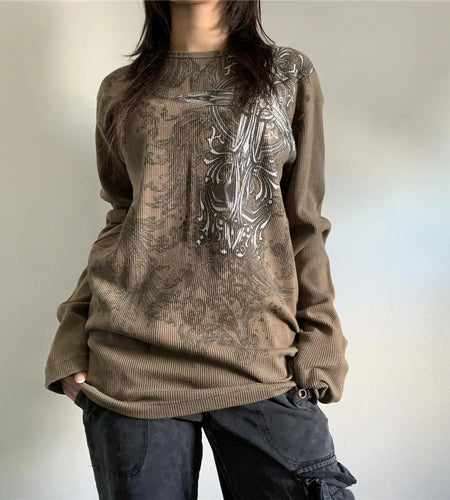 Vintage Graphic T Shirt y2k Aesthetic Women Print Round Neck Long Sleeve Tops 2000s Fairy Grunge Clothes Streetwear