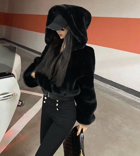 2024 Women's Clothing Streetwear Black Crop Jackets High Waist Furry Korean Outwear Y2k Tops Hooded Fashion Casual Soft Coats