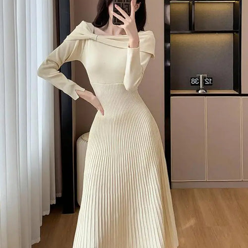 Load image into Gallery viewer, Black Elegant Long Sleeve Knit Dress Women Autumn Beige Bow French Fashion Slim Casual Ladies Midi Red Party Dresses Simplicity
