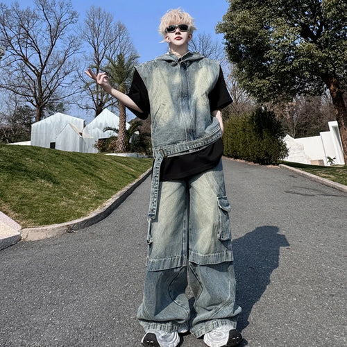 Load image into Gallery viewer, Men&#39;s New Spring Pants Denim Set Hooded Vest Solid Color Male Jeans Multi Pockets Stylish American Fashion Menwear 9W1509
