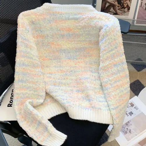 Load image into Gallery viewer, Autumn Winter Sweet Vintage Rainbow Knitted Cardigan Top French Fashion Women New Round Neck Single Breasted Long Sleeve Sweater
