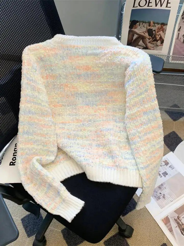 Autumn Winter Sweet Vintage Rainbow Knitted Cardigan Top French Fashion Women New Round Neck Single Breasted Long Sleeve Sweater