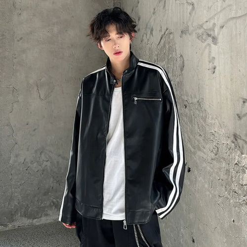 Load image into Gallery viewer, Niche Design Stand Collar Men&#39;s PU Leather Jacket Stripe Contrast Color Pockets Casual Male Jackets 2024 Autumn 9C9025
