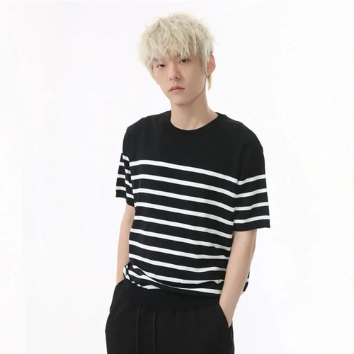 Load image into Gallery viewer, Summer Men's T-shirts Short Sleeve New Korean Striped Contrast Color Pullover Round Neck Casual Simple Male T-shirt 9W1601
