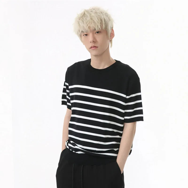 Summer Men's T-shirts Short Sleeve New Korean Striped Contrast Color Pullover Round Neck Casual Simple Male T-shirt 9W1601