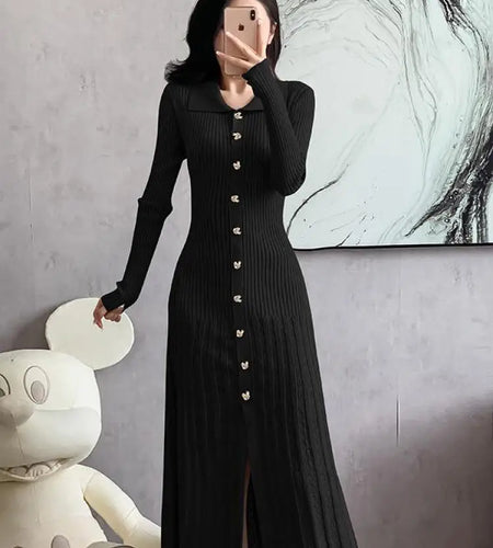 Autumn 2024 New Women's Black Beige Single Breasted Knitted Long Dress Green Elegant Office Lady Long Sleeve Pleated Dress Trend
