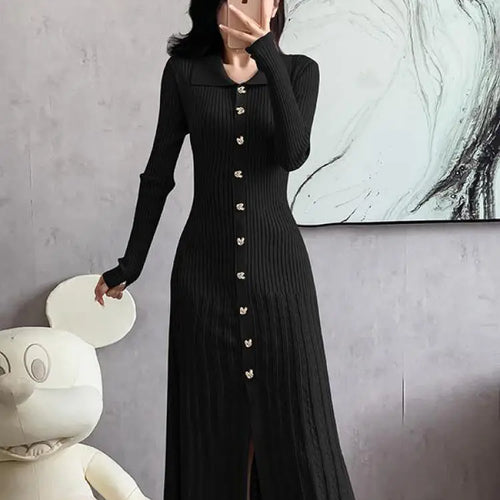 Load image into Gallery viewer, Autumn 2024 New Women's Black Beige Single Breasted Knitted Long Dress Green Elegant Office Lady Long Sleeve Pleated Dress Trend
