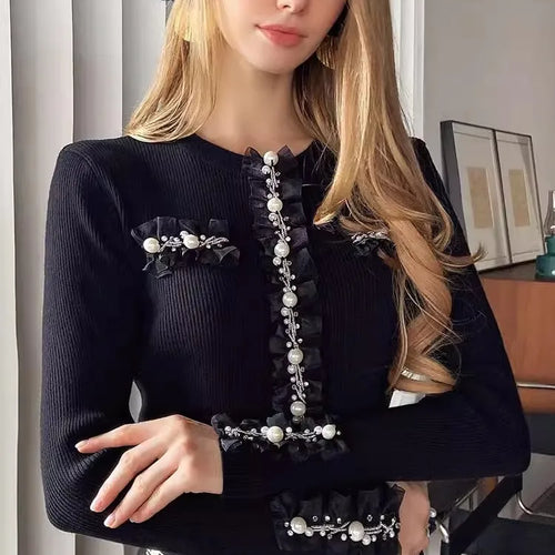 Load image into Gallery viewer, Retro Designers Elegant Pearl Beaded Quality Black Knitted Cardigan Sweater Tops Short Length C-123
