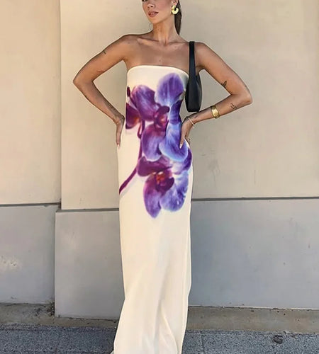 Floral Print Strapless Sexy Maxi Dress For Women Gown Off-shoulder Backless Sleeveless Elegant Long Dress Fashion