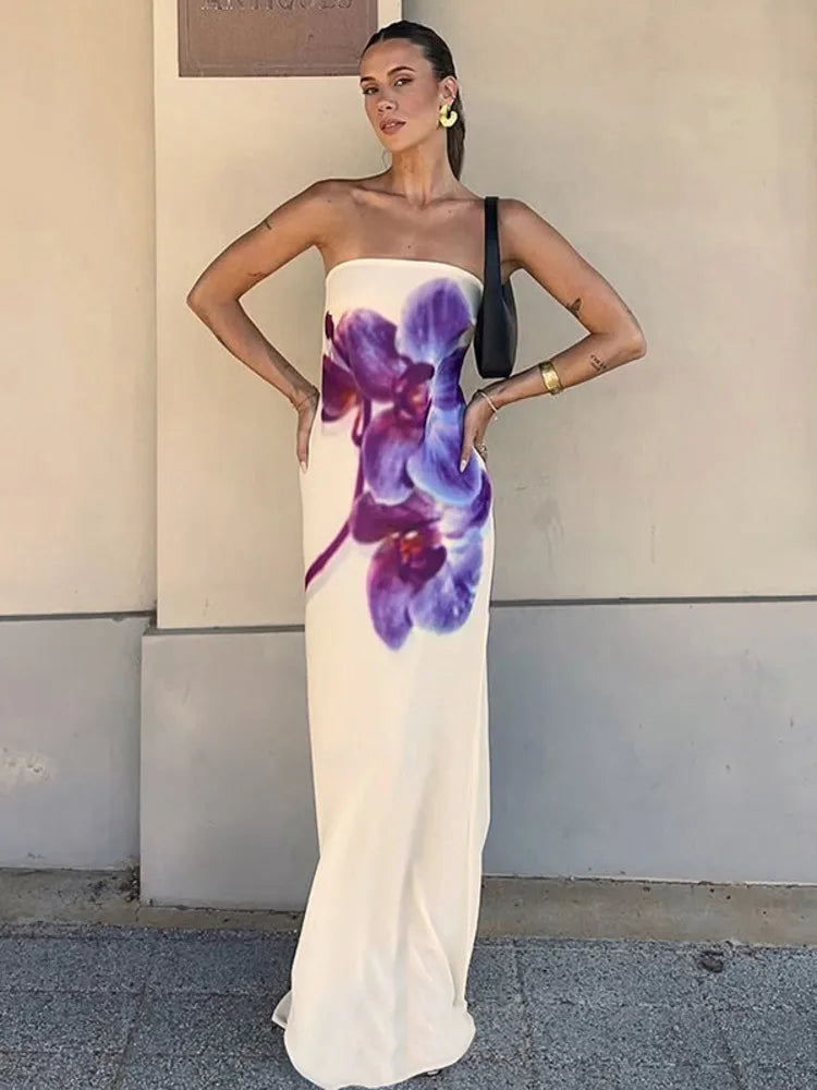 Floral Print Strapless Sexy Maxi Dress For Women Gown Off-shoulder Backless Sleeveless Elegant Long Dress Fashion